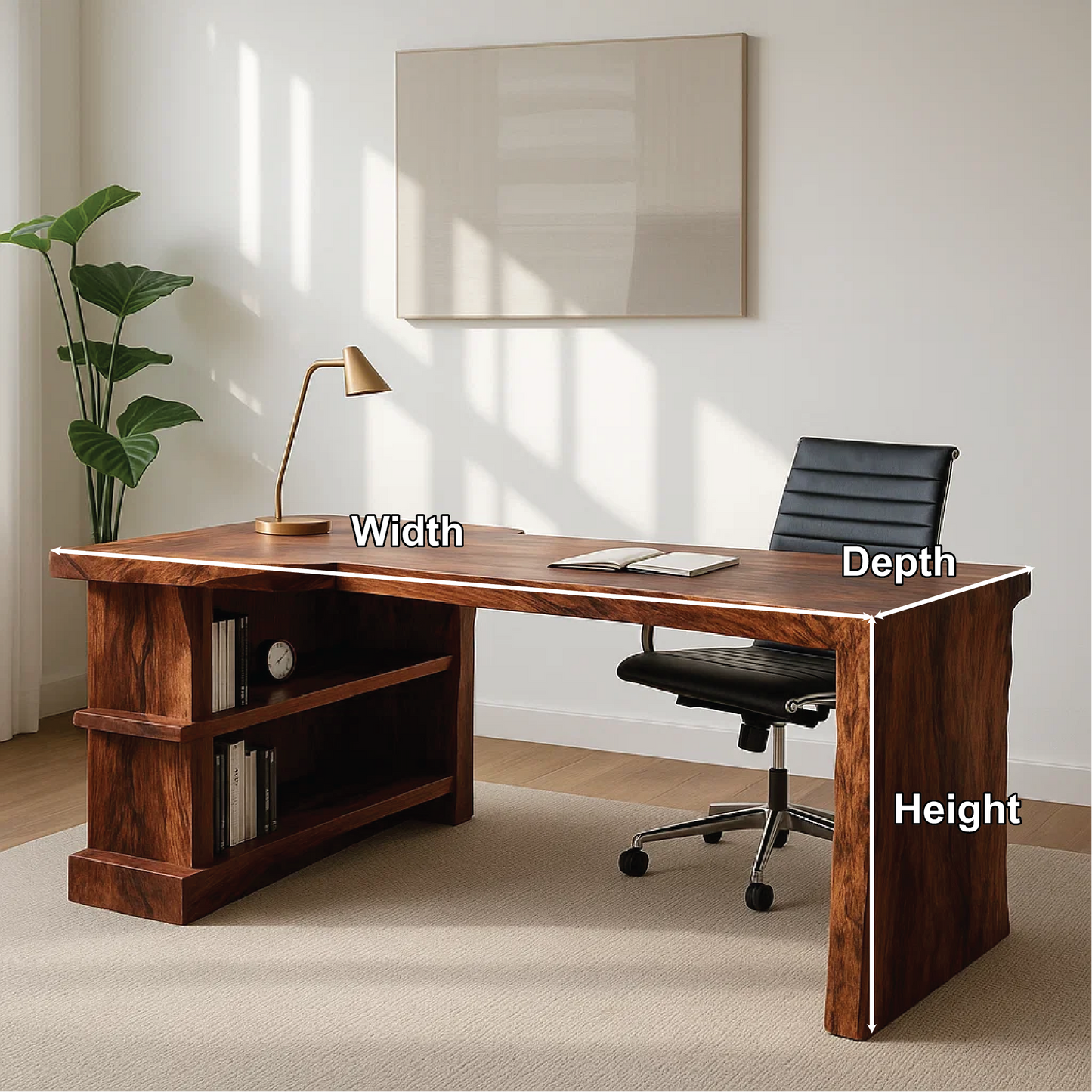 Handcrafted Solid Wood Executive Work Desk with Live-Edge Design and Built-In Open Shelving Lynnsnail