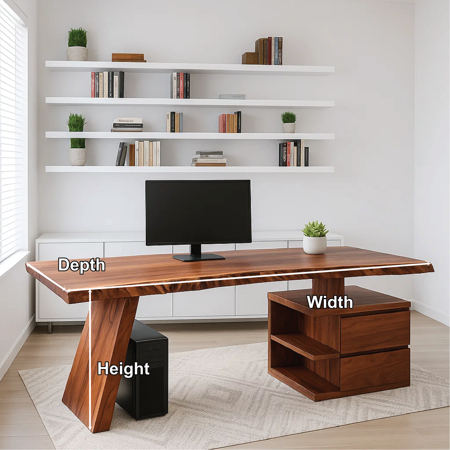 Handcrafted Solid Wood Work Desk – Live Edge Executive Office Table with Modern Asymmetric Base Lynnsnail