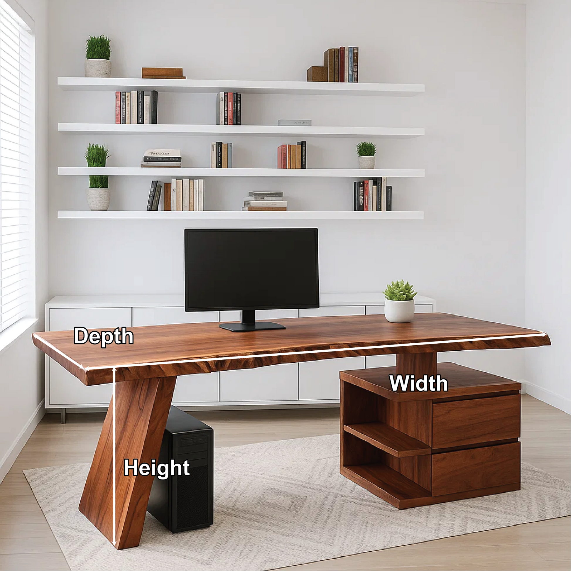 Handcrafted Solid Wood Work Desk – Live Edge Executive Office Table with Modern Asymmetric Base Lynnsnail