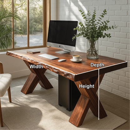 Handcrafted Solid Wood Work Desk – Live Edge Office Table with X-Leg Base and Natural Finish Lynnsnail