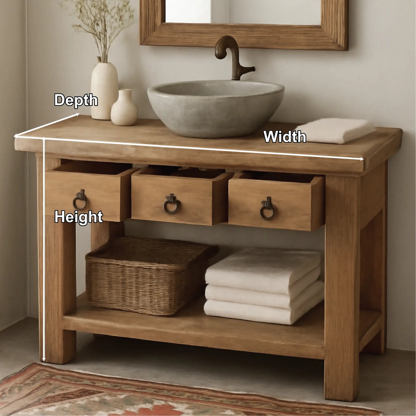 Handcrafted Solid Wood Bathroom Vanity with Rustic Drawers and Open Shelf for Natural Interiors Lynnsnail