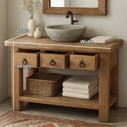 Handcrafted Solid Wood Bathroom Vanity with Rustic Drawers and Open Shelf for Natural Interiors Lynnsnail