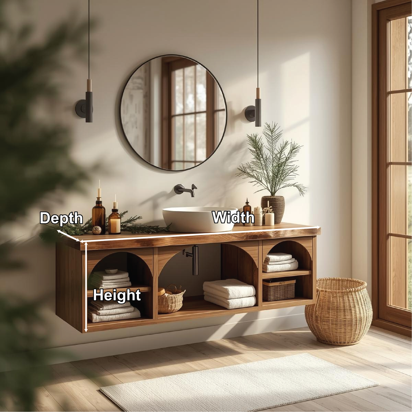 Handcrafted Solid Wood Floating Vanity with Arched Shelves and Natural Live Edge Design Lynnsnail