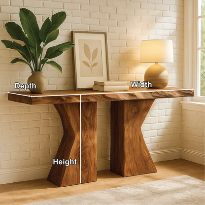 Handcrafted Solid Wood Console Table with Sculptural Base and Natural Live Edge Design Lynnsnail