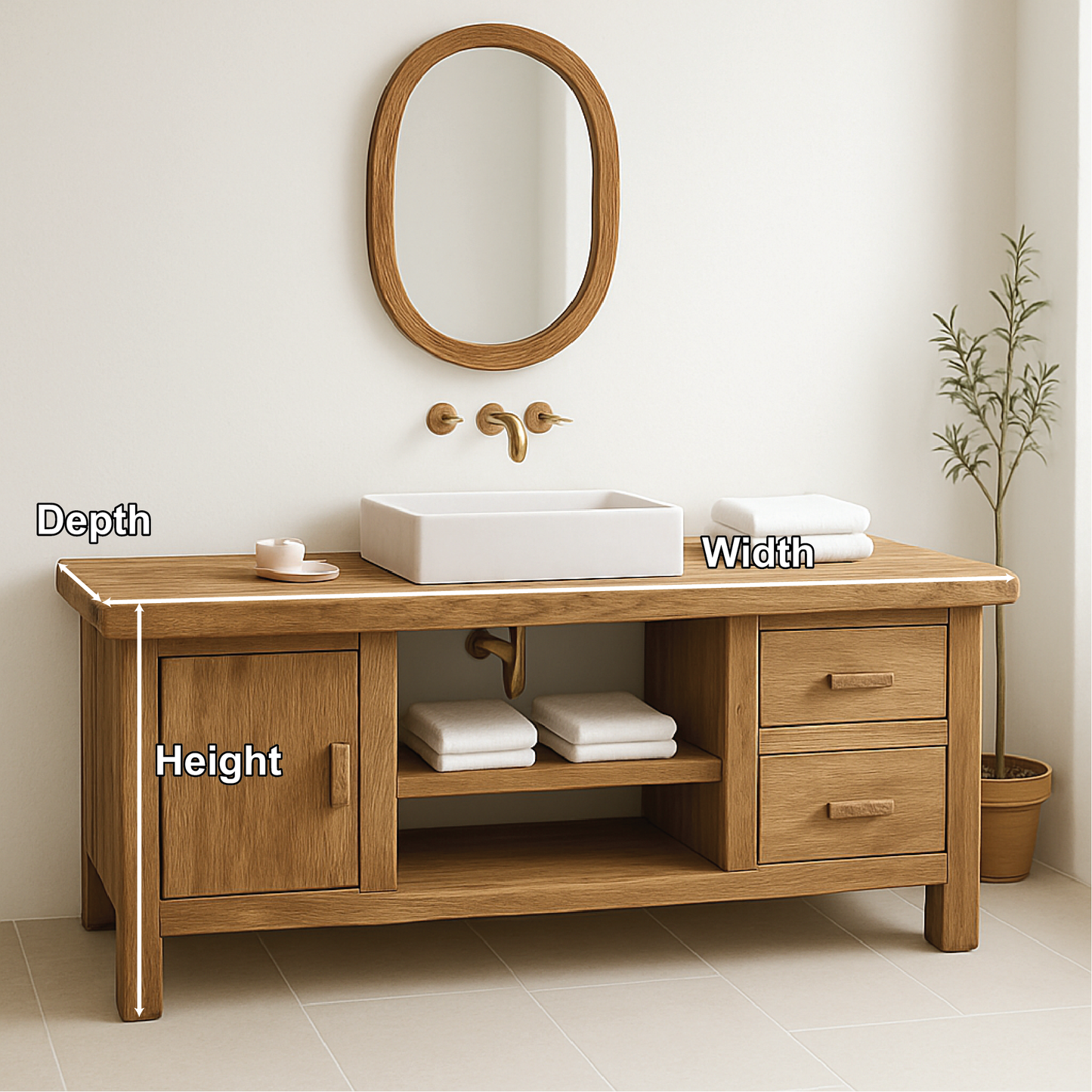 Handcrafted Solid Wood Bathroom Vanity with Drawers and Cabinet in Minimalist Natural Finish Lynnsnail