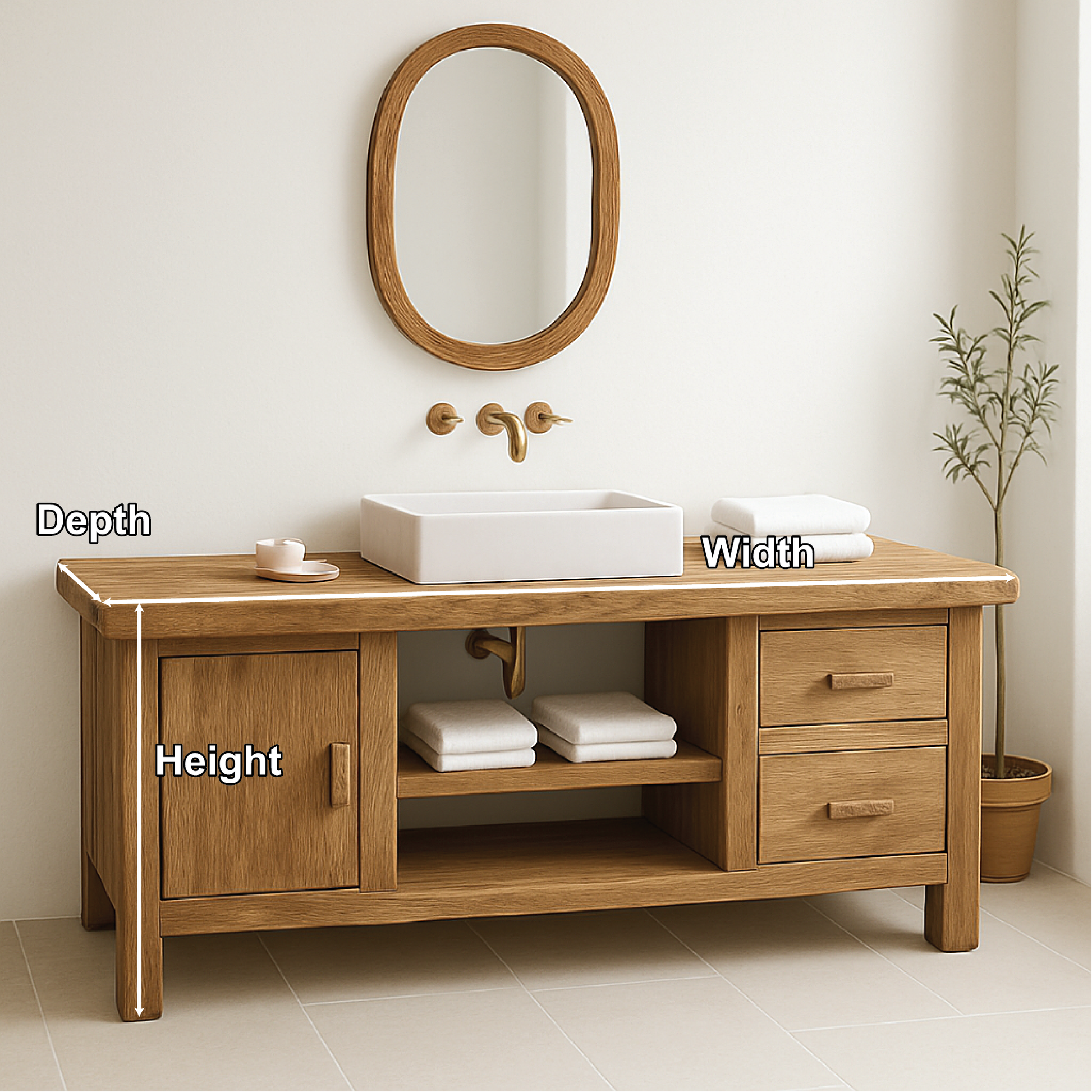 Handcrafted Solid Wood Bathroom Vanity with Drawers and Cabinet in Minimalist Natural Finish Lynnsnail