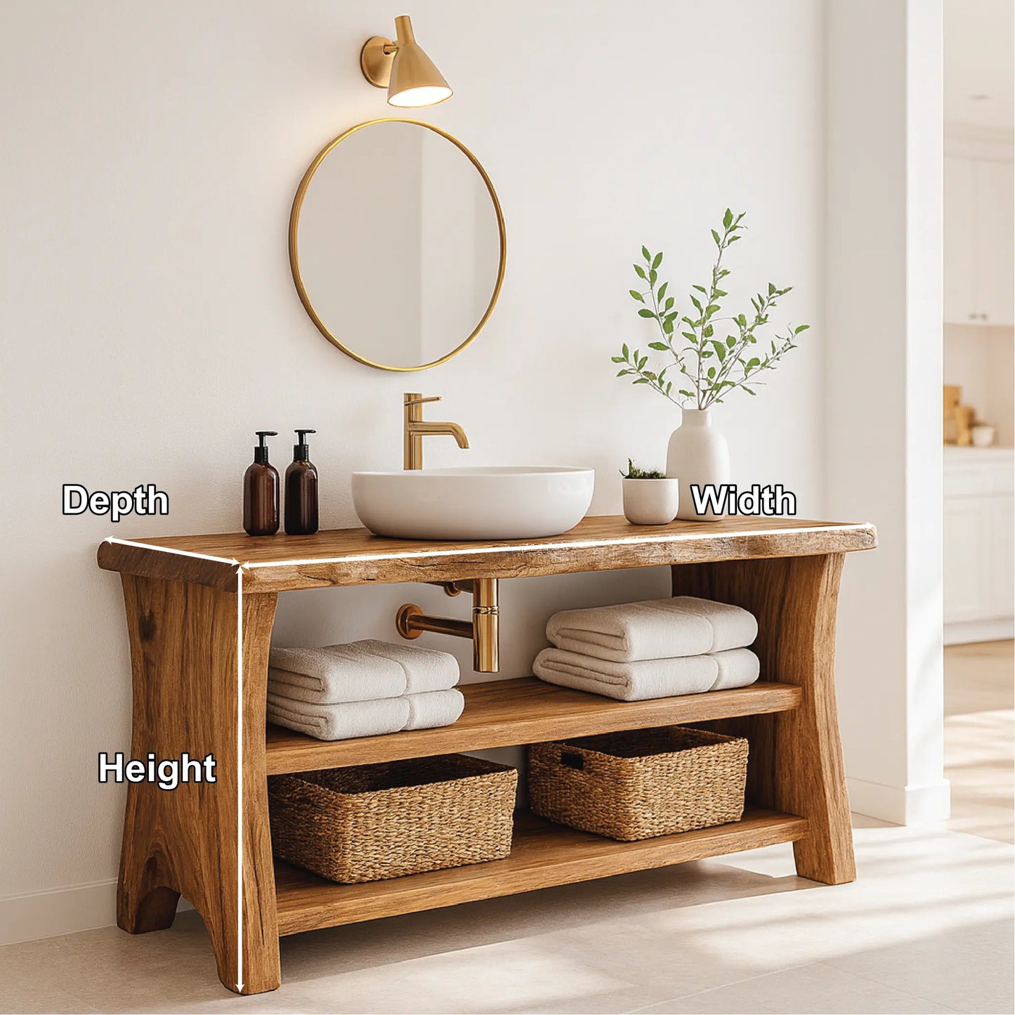 Handcrafted Solid Wood Bathroom Vanity with Live Edge Design and Open Shelf Bathroom Storage Lynnsnail