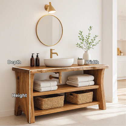 Handcrafted Solid Wood Bathroom Vanity with Live Edge Design and Open Shelf Bathroom Storage Lynnsnail