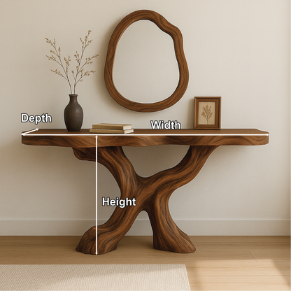Handcrafted Solid Wood Console Table with Organic Flowing Base and Smooth Natural Finish Lynnsnail