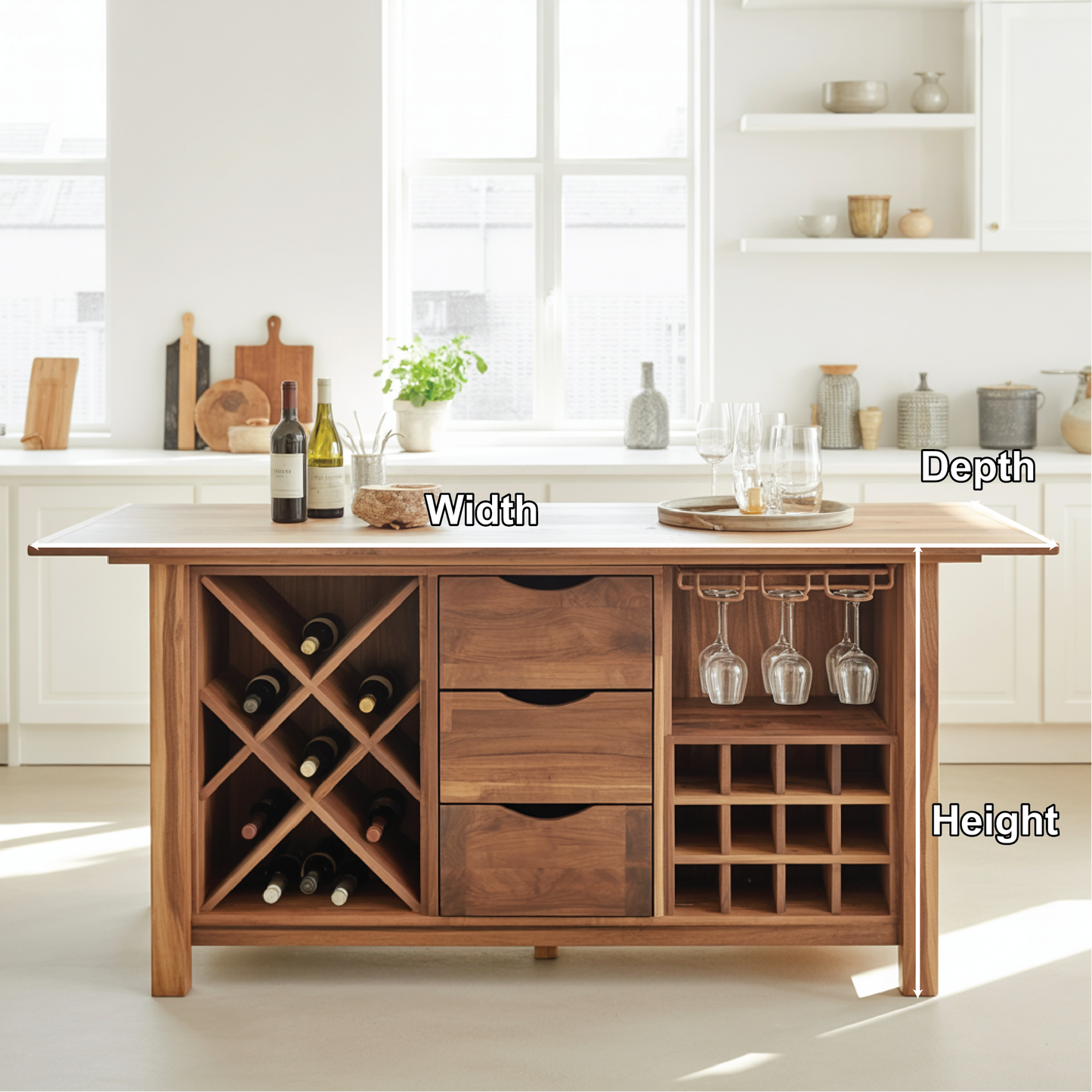 Handcrafted Solid Wood Dining Cabinet with Wine Storage, Drawers, and Hanging Glass Rack Lynnsnail