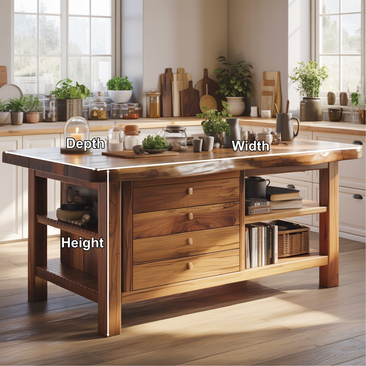 Handcrafted Solid Wood Kitchen Island with Drawers, Open Shelves, and Natural Live-Edge Top Lynnsnail