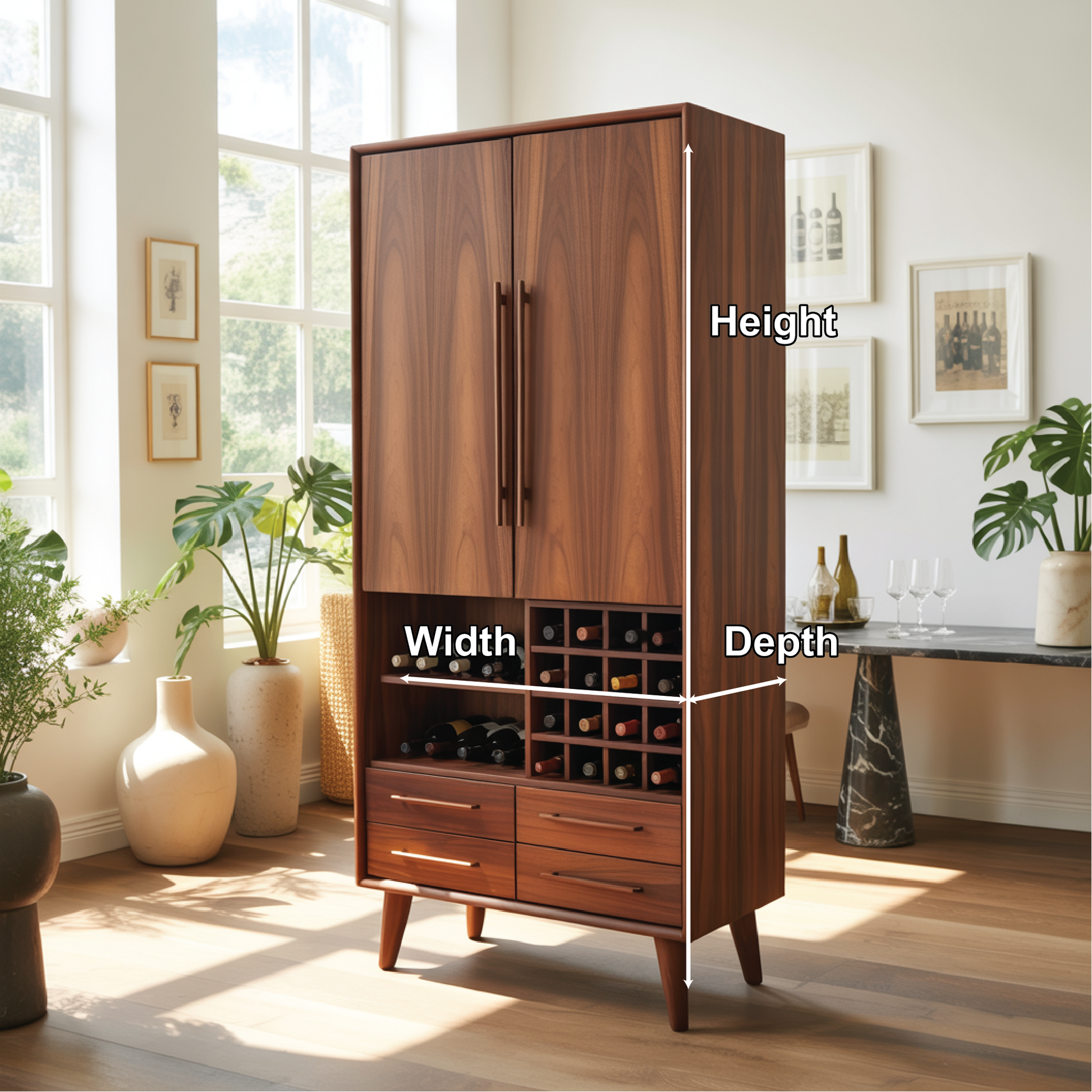 Handcrafted Solid Wood Dining Cabinet with Wine Rack, Tall Double Doors and Storage Drawers Lynnsnail