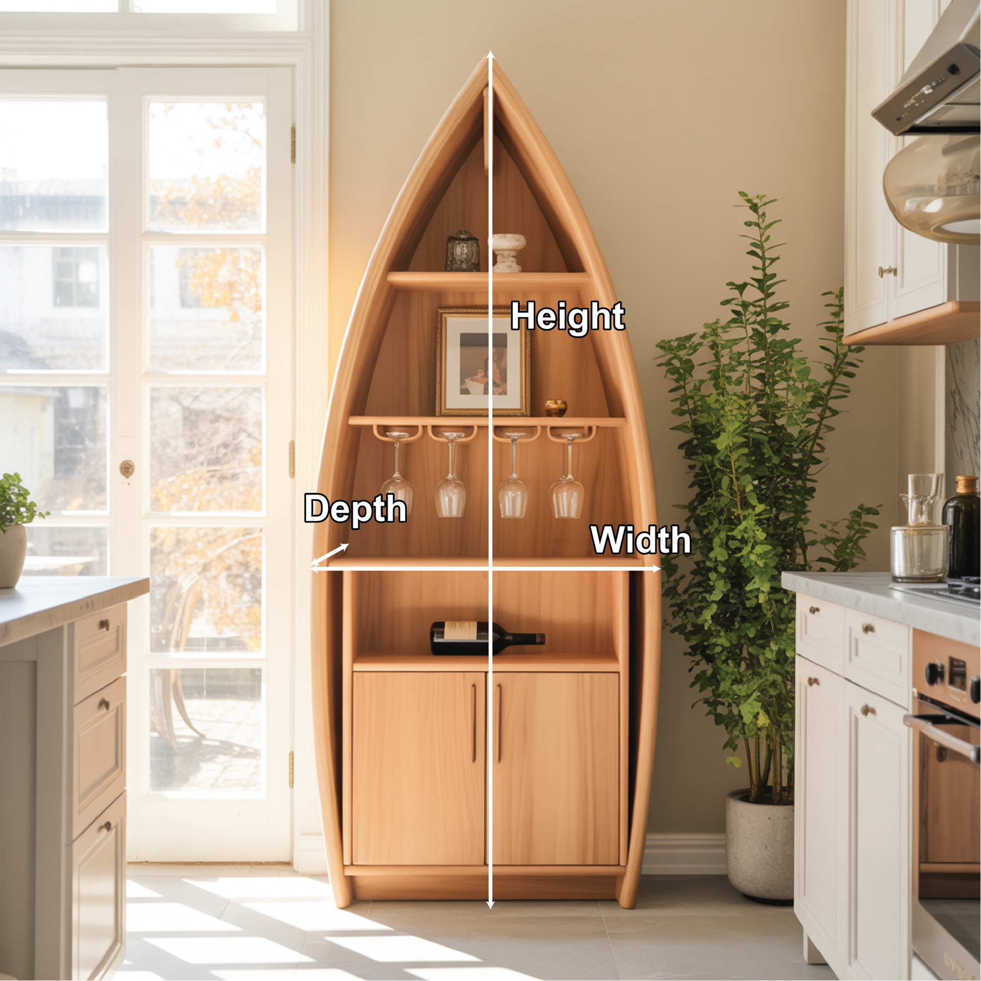 Handcrafted Solid Wood Boat-Shaped Dining Cabinet with Glass Rack and Lower Storage Doors Lynnsnail