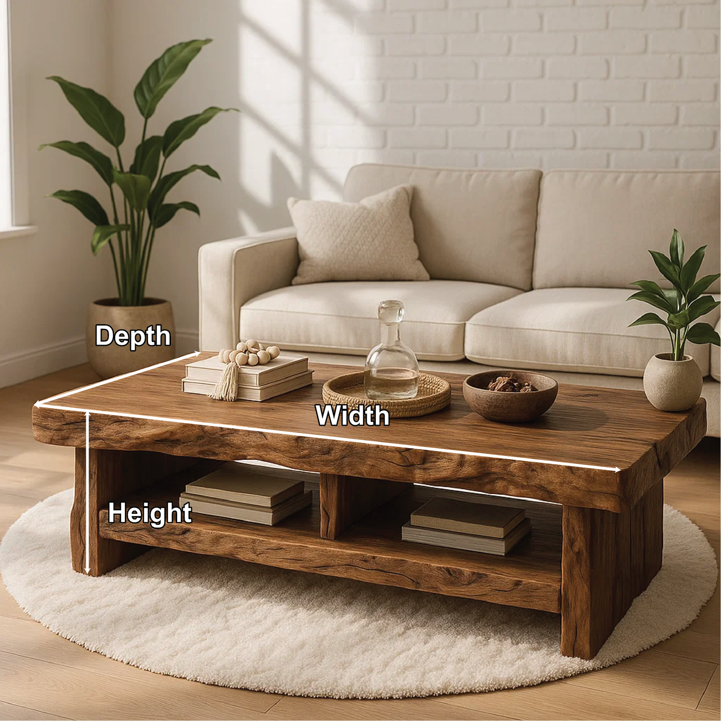 Handcrafted Solid Wood Coffee Table with Live Edge Design and Double Shelf for Storage Lynnsnail