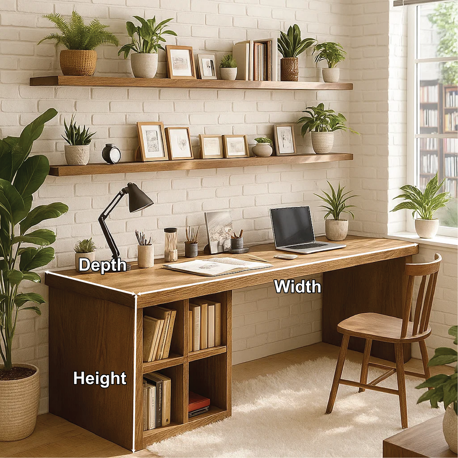 Handcrafted Solid Wood Work Desk – Long Home Office Table with Bookshelf and Natural Finish Lynnsnail