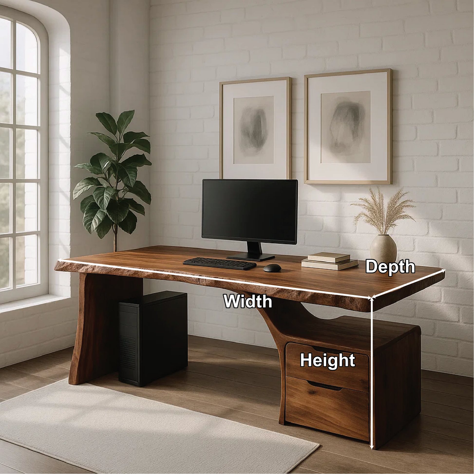 Handcrafted Solid Wood Work Desk – Live Edge Office Table with Organic Curved Base and Drawers Lynnsnail