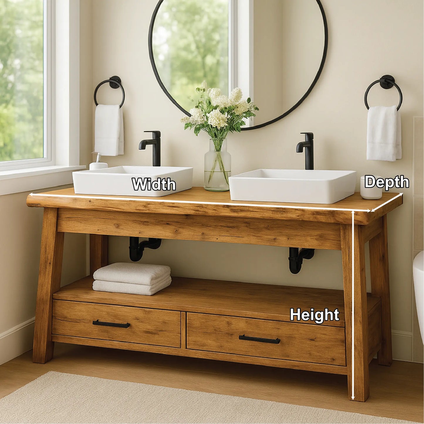Handcrafted Double Solid Wood Bathroom Vanity with Drawers and Natural Finish for Modern Spaces Lynnsnail