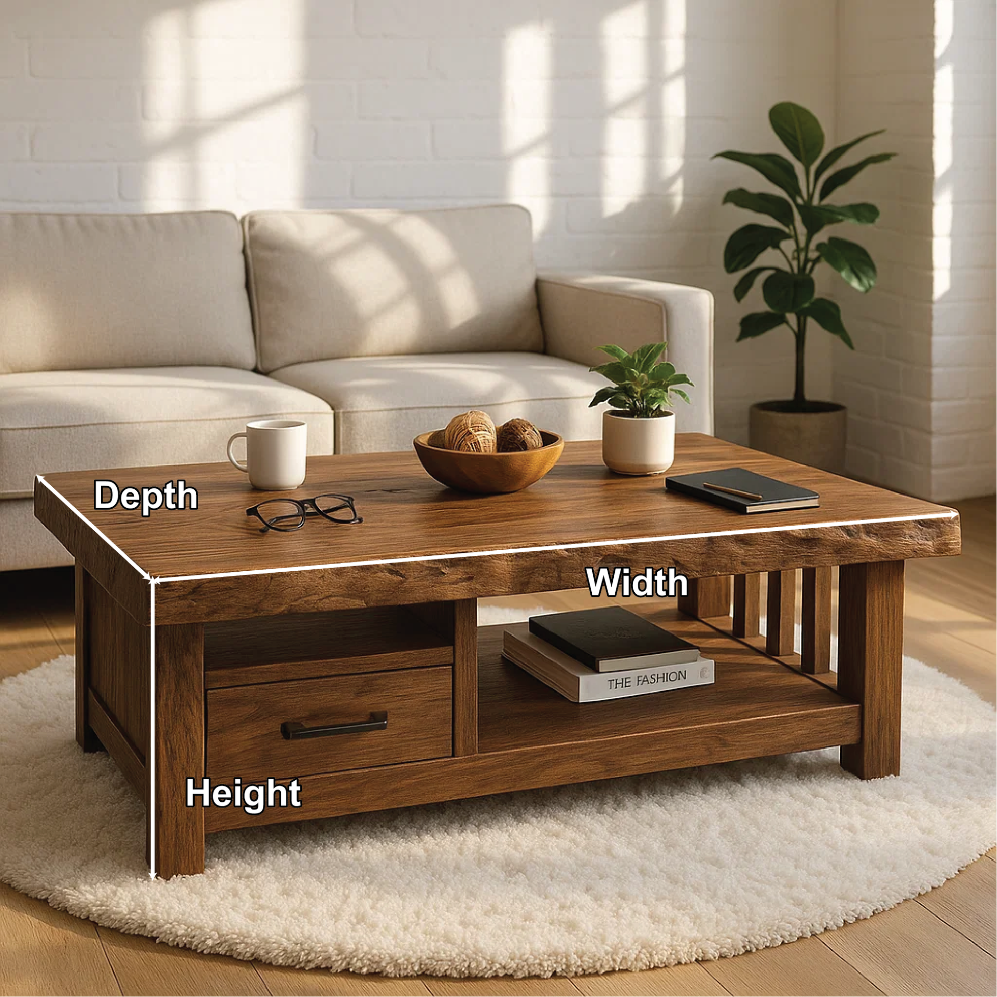 Handcrafted Solid Wood Coffee Table with Storage Drawer and Natural Live Edge Rustic Design Lynnsnail