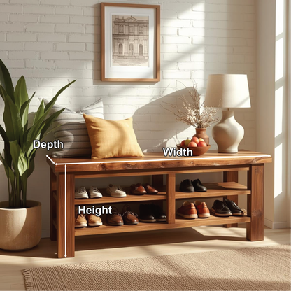 Handcrafted Solid Wood Entryway Bench with Live Edge Top and Multi-Tier Shoe Storage Shelves Lynnsnail