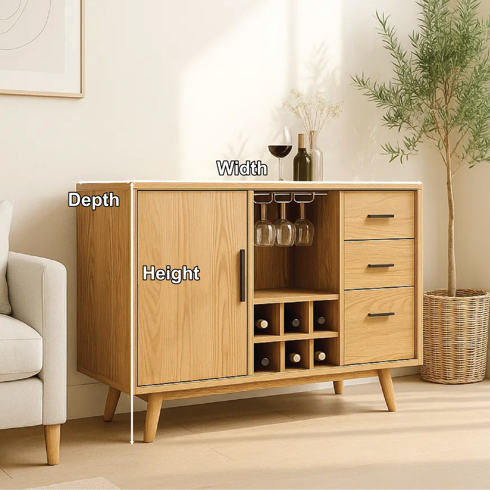 Solid Wood Wine Storage Cabinet with Bottle Rack, Glass Holders and Drawers for Modern Homes Lynnsnail