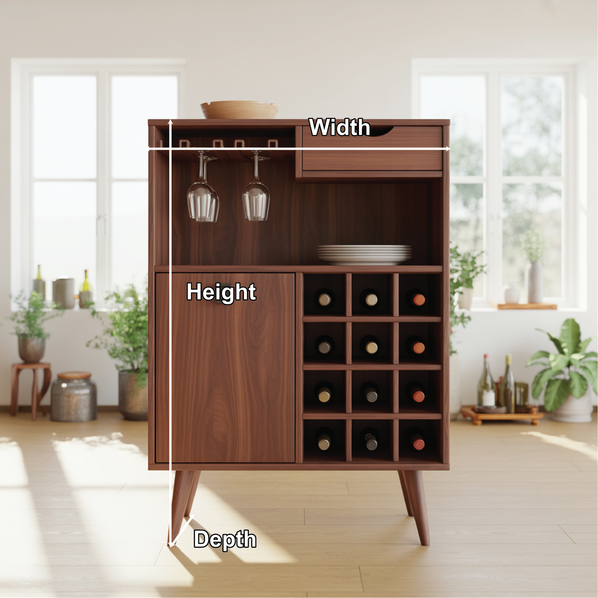 Handcrafted Solid Wood Dining Cabinet with Wine Rack, Glass Holder, Drawer and Storage Door Lynnsnail