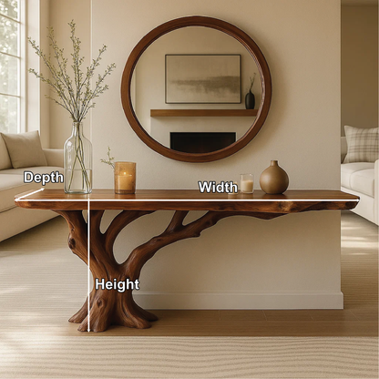 Handcrafted Solid Wood Console Table with Tree Trunk Base and Natural Live Edge Design Lynnsnail
