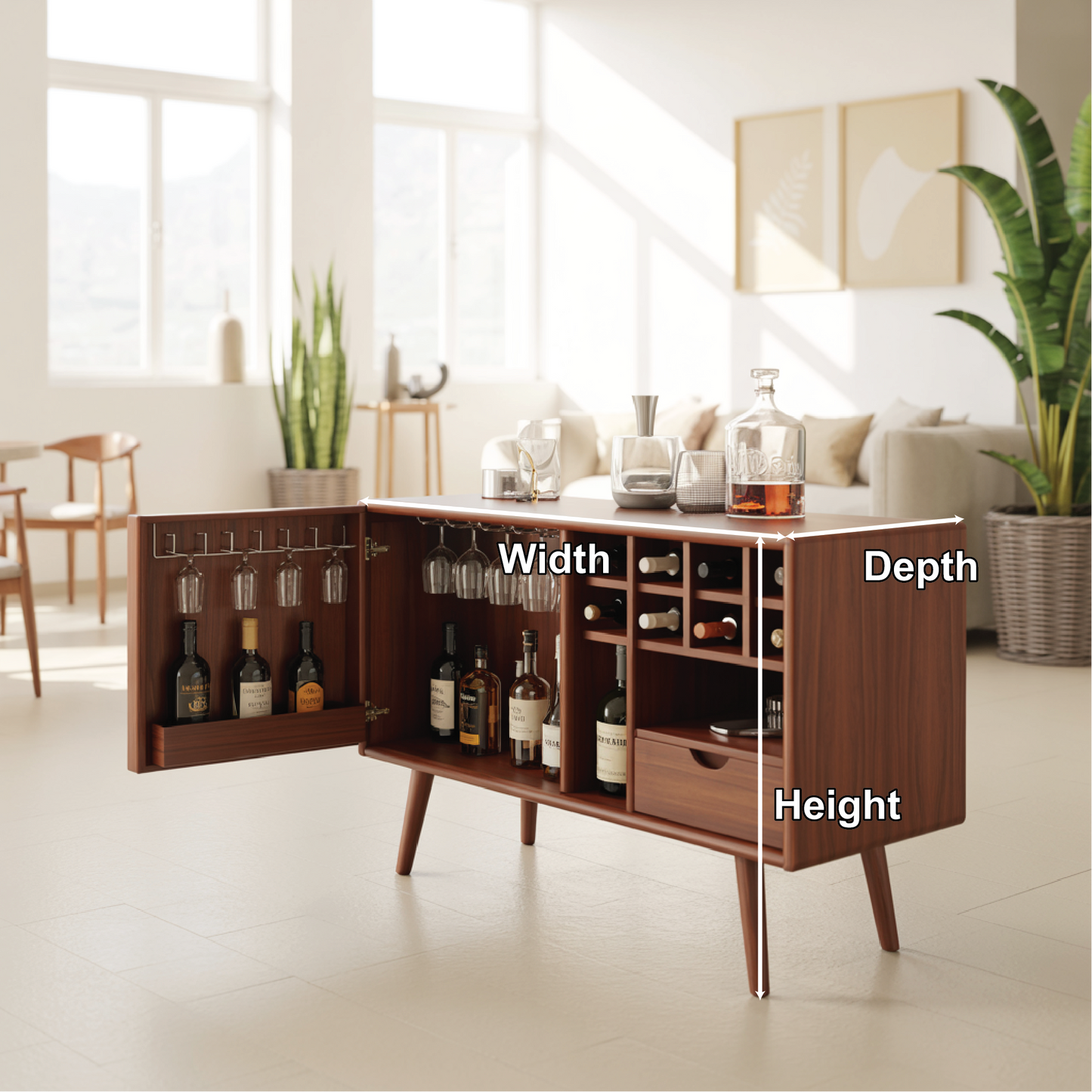 Solid Wood Wine Storage Cabinet with Glass Holders, Bottle Racks and Modern Mid-Century Design Lynnsnail