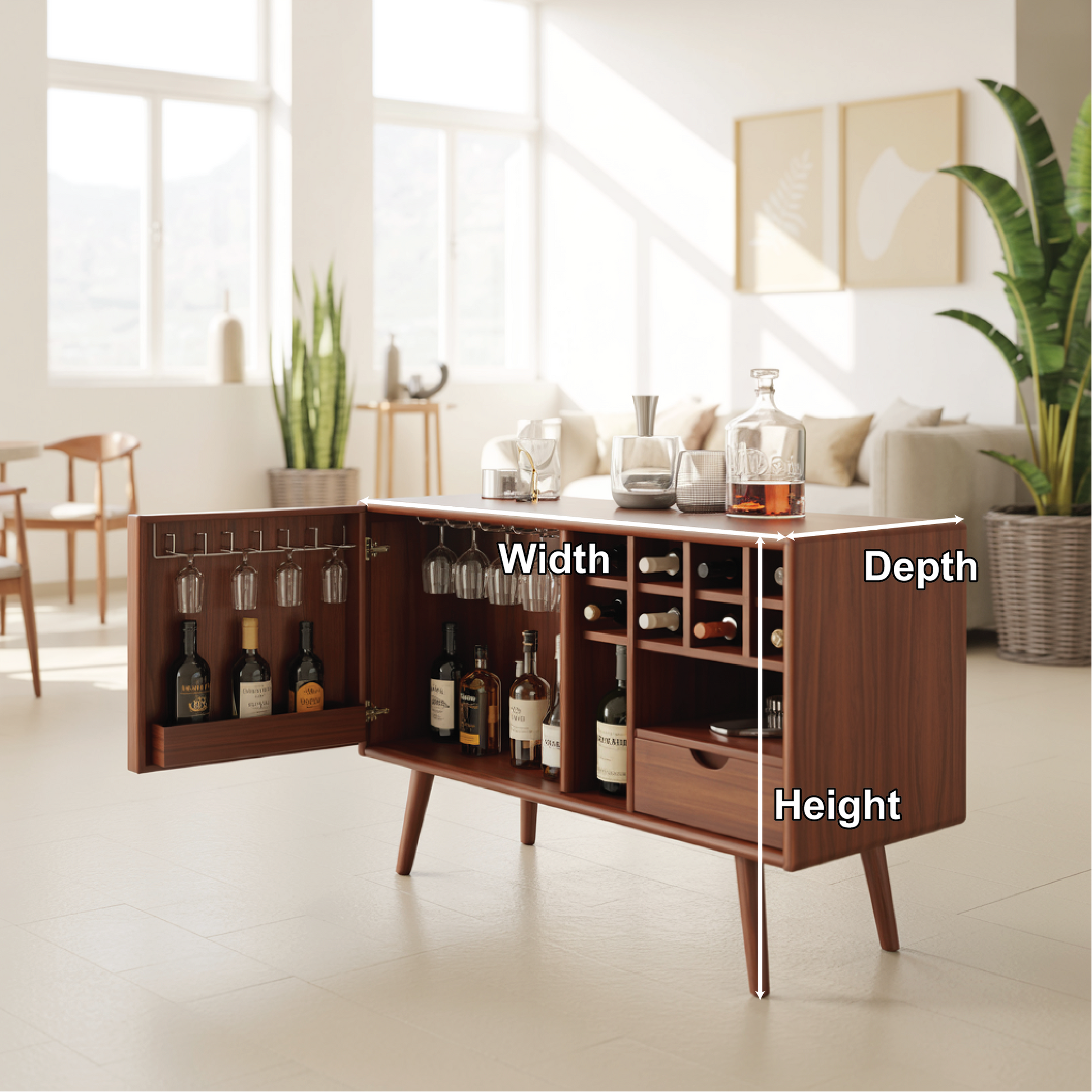 Solid Wood Wine Storage Cabinet with Glass Holders, Bottle Racks and Modern Mid-Century Design Lynnsnail