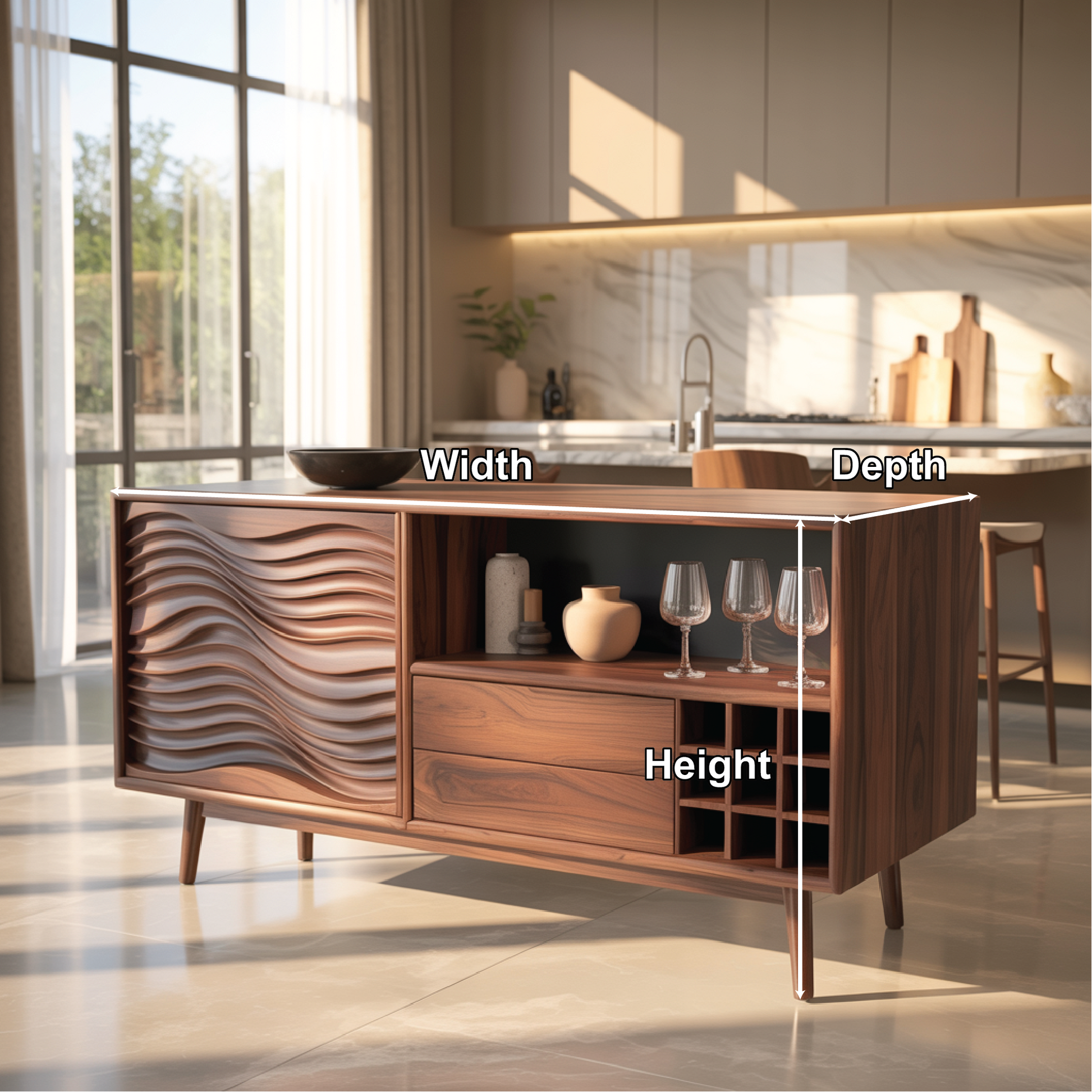 Handcrafted Solid Wood Dining Cabinet with Wave Carved Door, Open Display Shelf and Wine Storage Lynnsnail