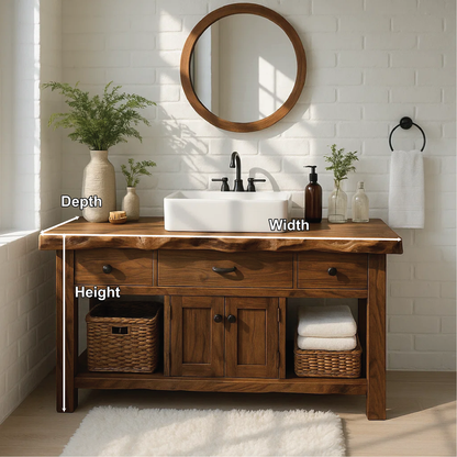 Handcrafted Solid Wood Vanity with Live Edge Top and Rustic Cabinet Storage Design Lynnsnail