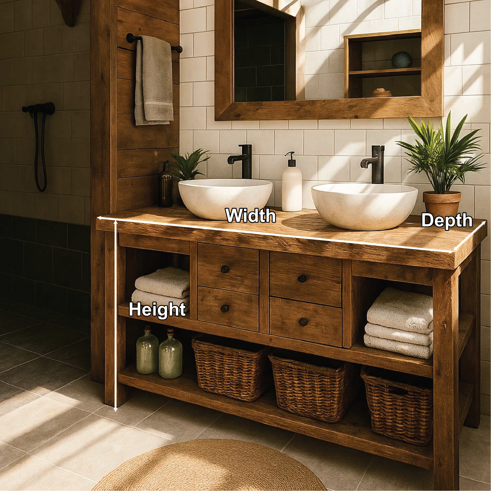 Rustic Double Sink Solid Wood Bathroom Vanity with Drawers and Open Storage Handmade Design Lynnsnail