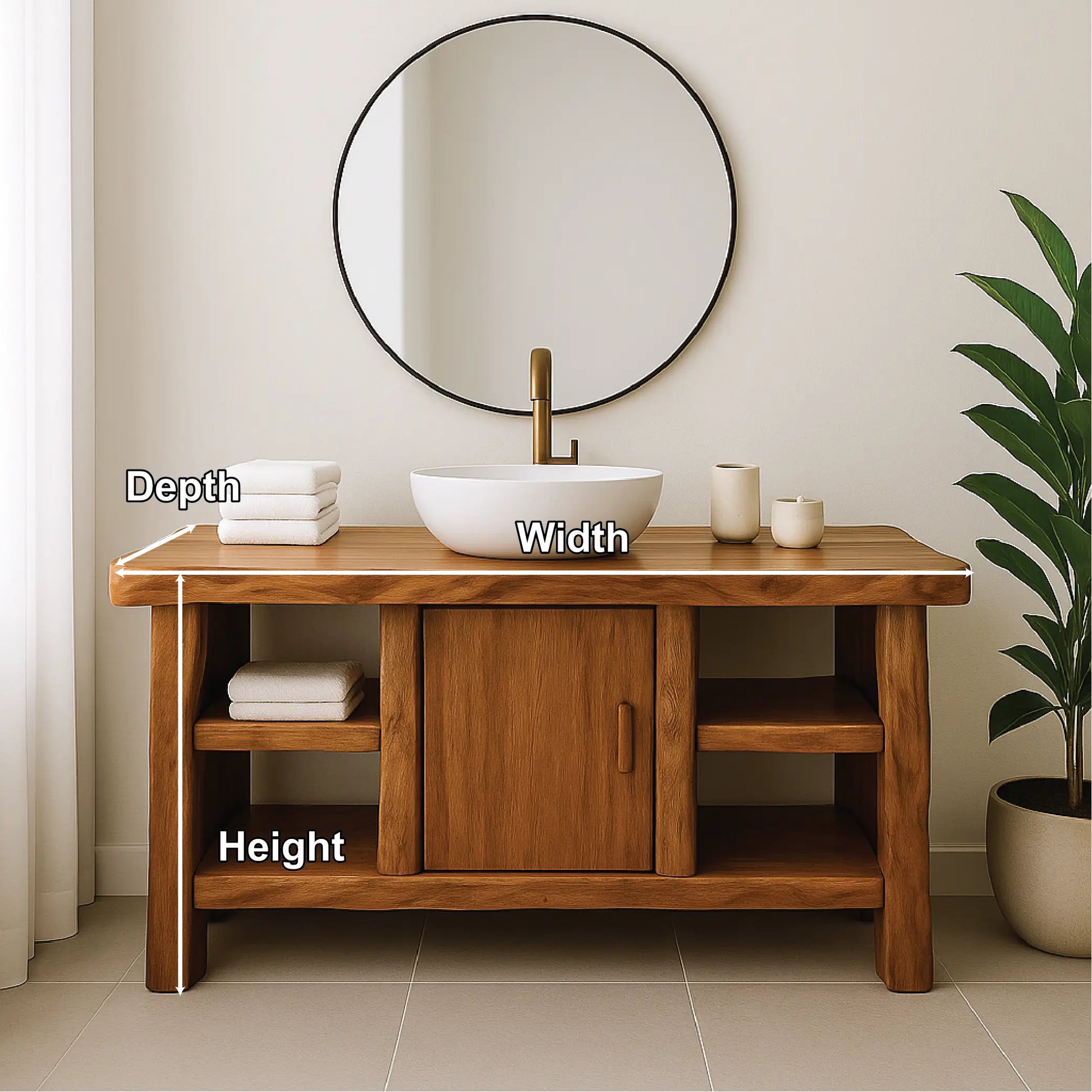 Handcrafted Solid Wood Bathroom Vanity with Center Cabinet and Open Shelves in Natural Finish Lynnsnail