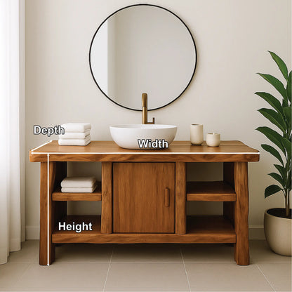 Handcrafted Solid Wood Bathroom Vanity with Center Cabinet and Open Shelves in Natural Finish Lynnsnail