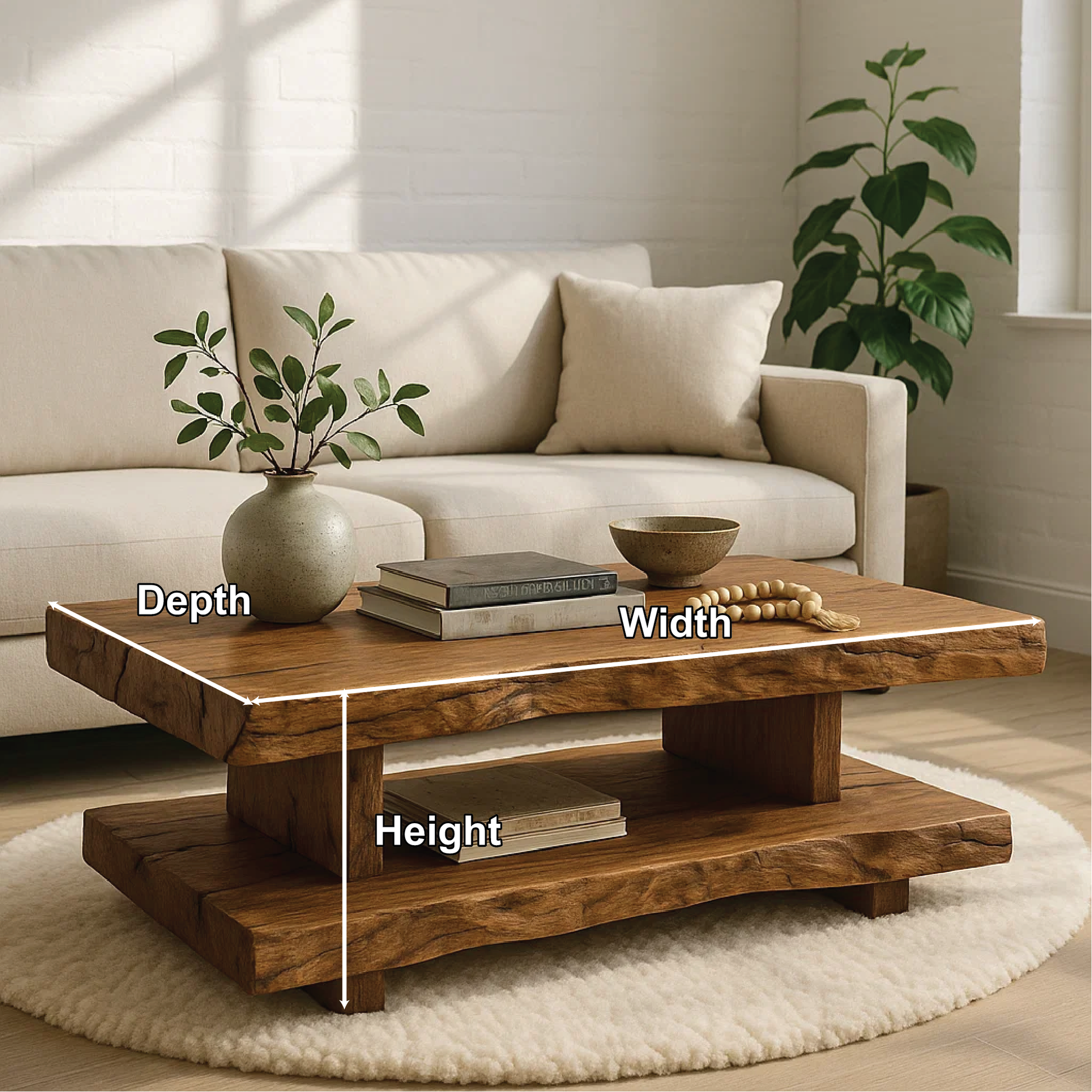 Handcrafted Solid Wood Coffee Table with Double Live Edge Shelves and Natural Rustic Finish Lynnsnail