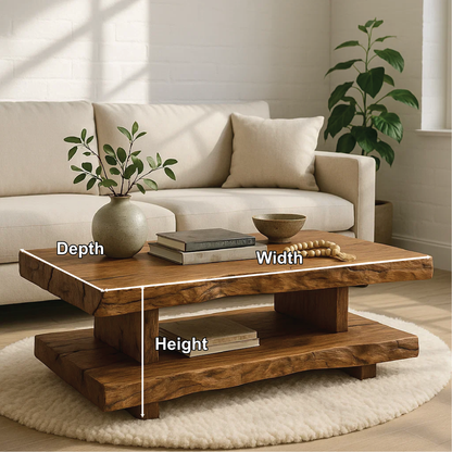Handcrafted Solid Wood Coffee Table with Double Live Edge Shelves and Natural Rustic Finish Lynnsnail