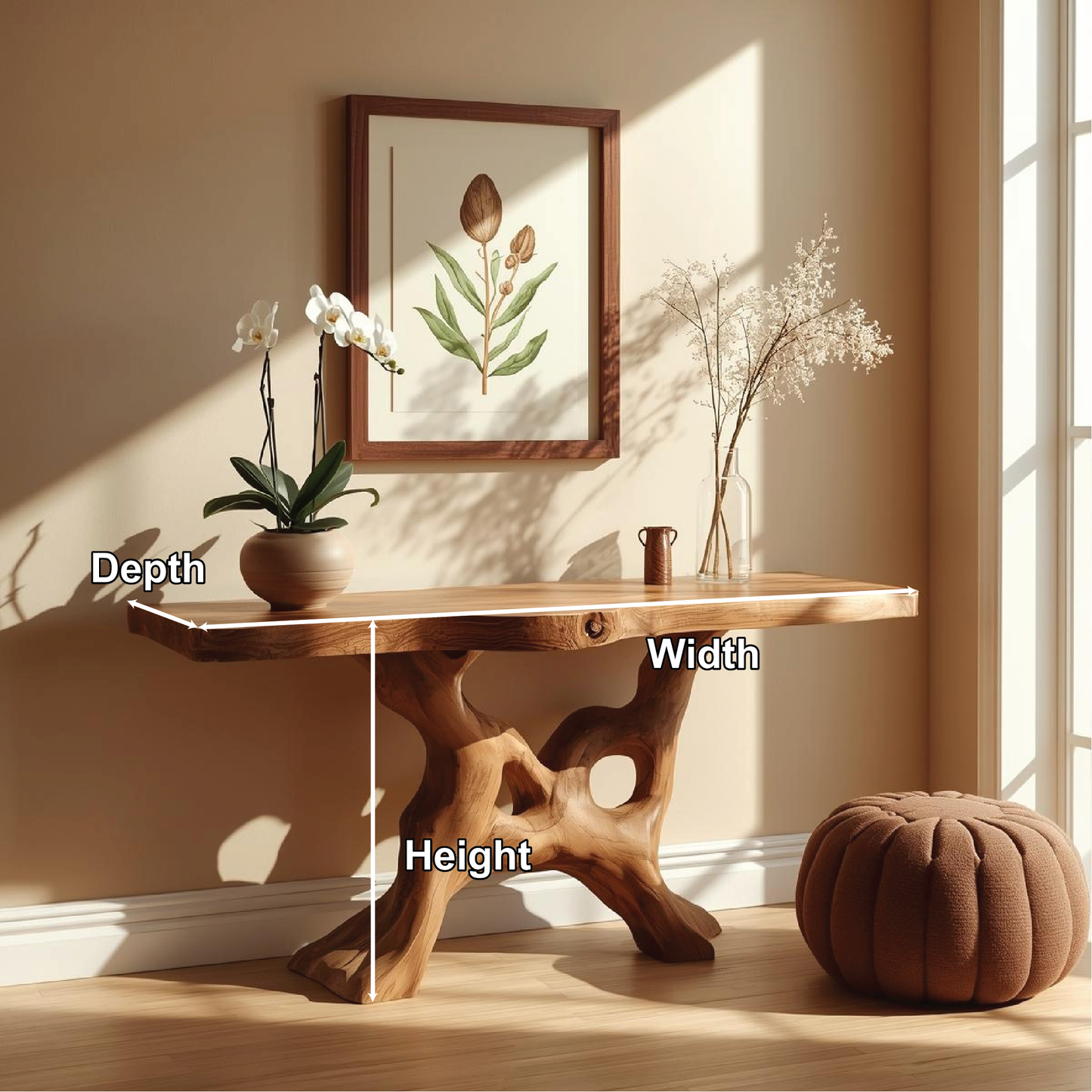 Handcrafted Solid Wood Console Table with Organic Root-Inspired Base and Natural Live Edge Lynnsnail