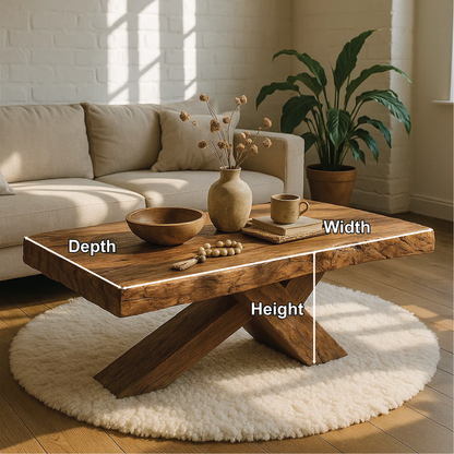 Handcrafted Solid Wood Coffee Table with Rustic Live Edge and Cross-Leg Modern Design Lynnsnail