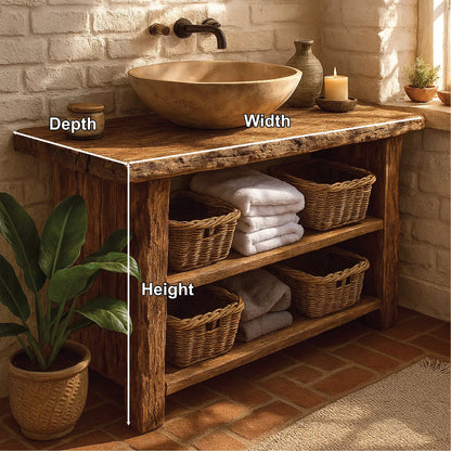 Rustic Handcrafted Solid Wood Bathroom Vanity with Open Shelves and Natural Live Edge Design Lynnsnail