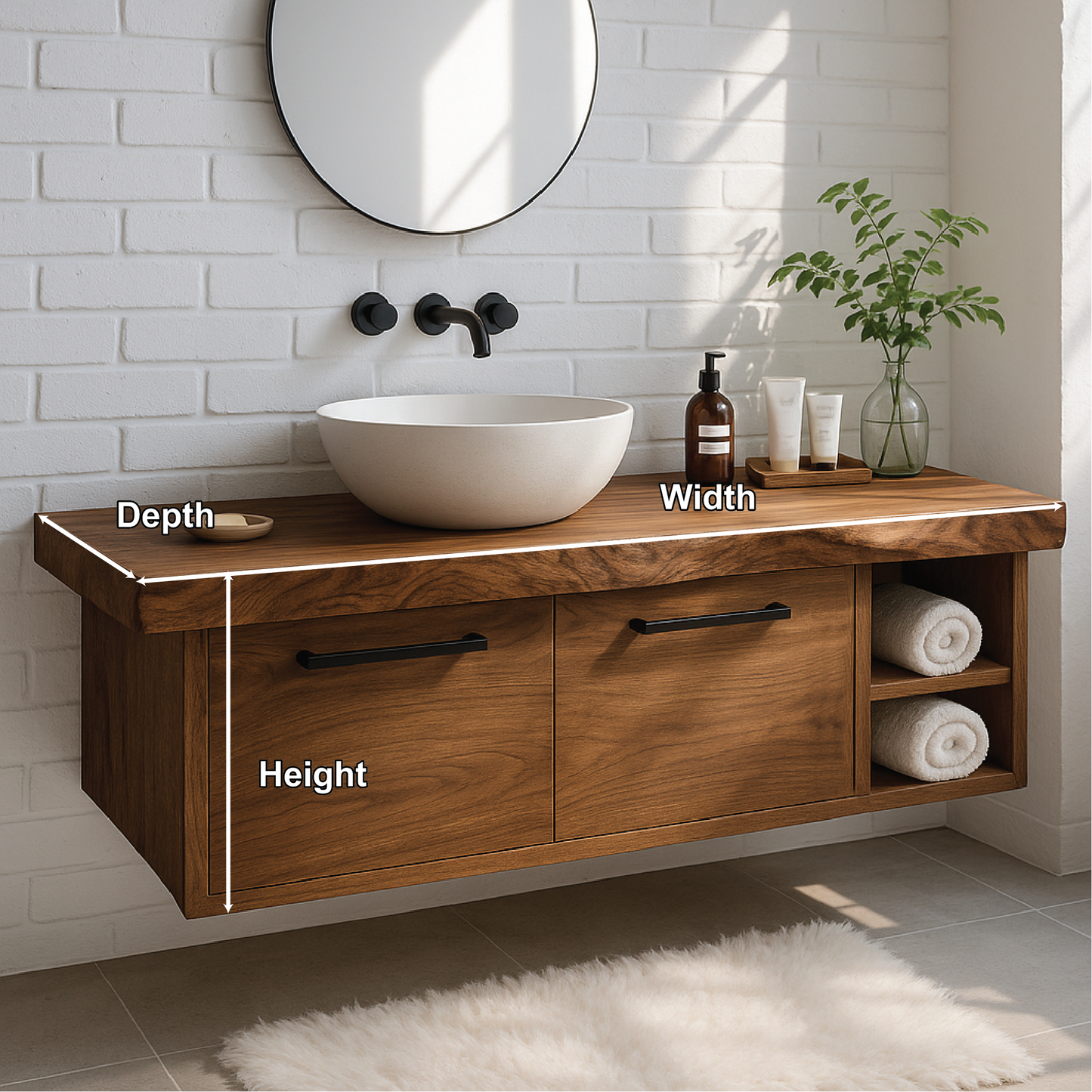 Handcrafted Solid Wood Floating Vanity with Live Edge Top and Double Drawer Storage