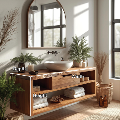 Handcrafted Solid Wood Floating Bathroom Vanity with Open Shelf Storage and Natural Live Edge Lynnsnail