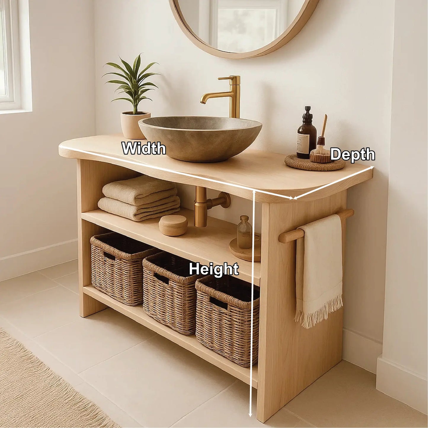 Handcrafted Solid Wood Bathroom Vanity with Curved Edge Design and Open Shelves for Modern Spaces Lynnsnail