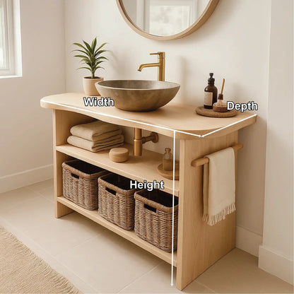 Handcrafted Solid Wood Bathroom Vanity with Curved Edge Design and Open Shelves for Modern Spaces Lynnsnail