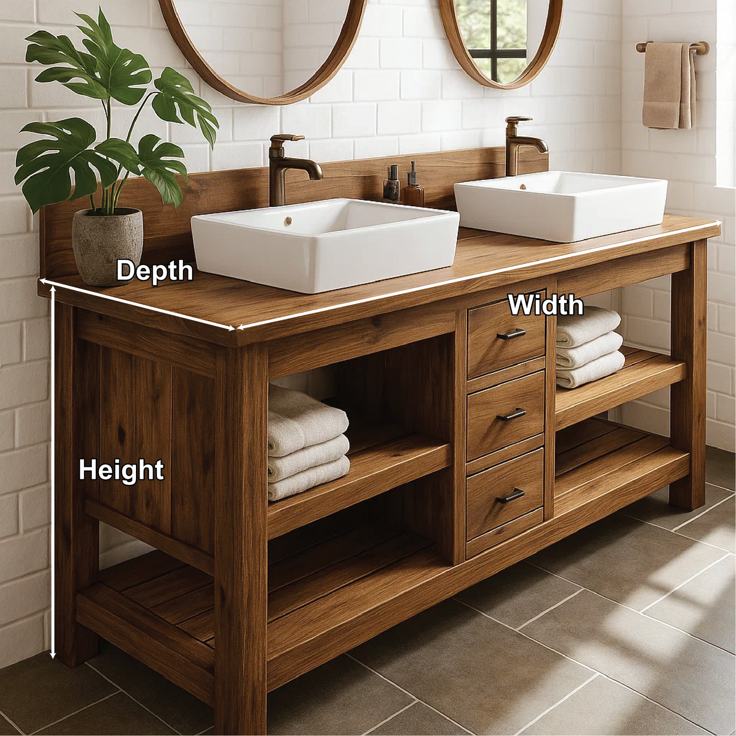 Handcrafted Double Bathroom Vanity in Solid Wood with Drawers and Open Shelves for Modern Spaces Lynnsnail