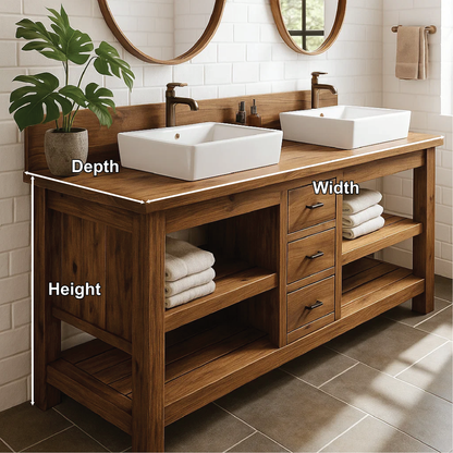 Handcrafted Double Bathroom Vanity in Solid Wood with Drawers and Open Shelves for Modern Spaces Lynnsnail