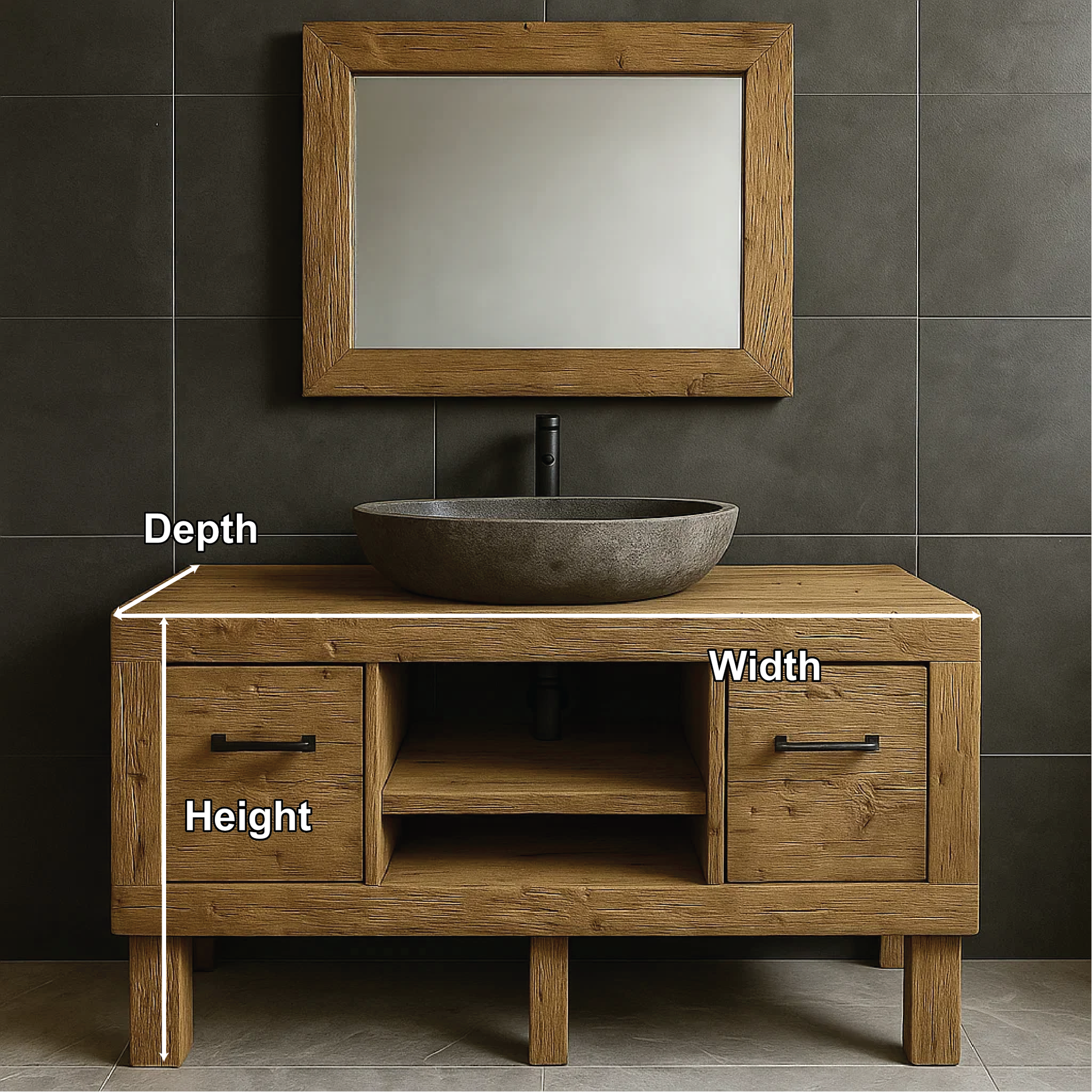 Modern Rustic Handcrafted Solid Wood Bathroom Vanity with Storage Drawers and Open Shelves Lynnsnail