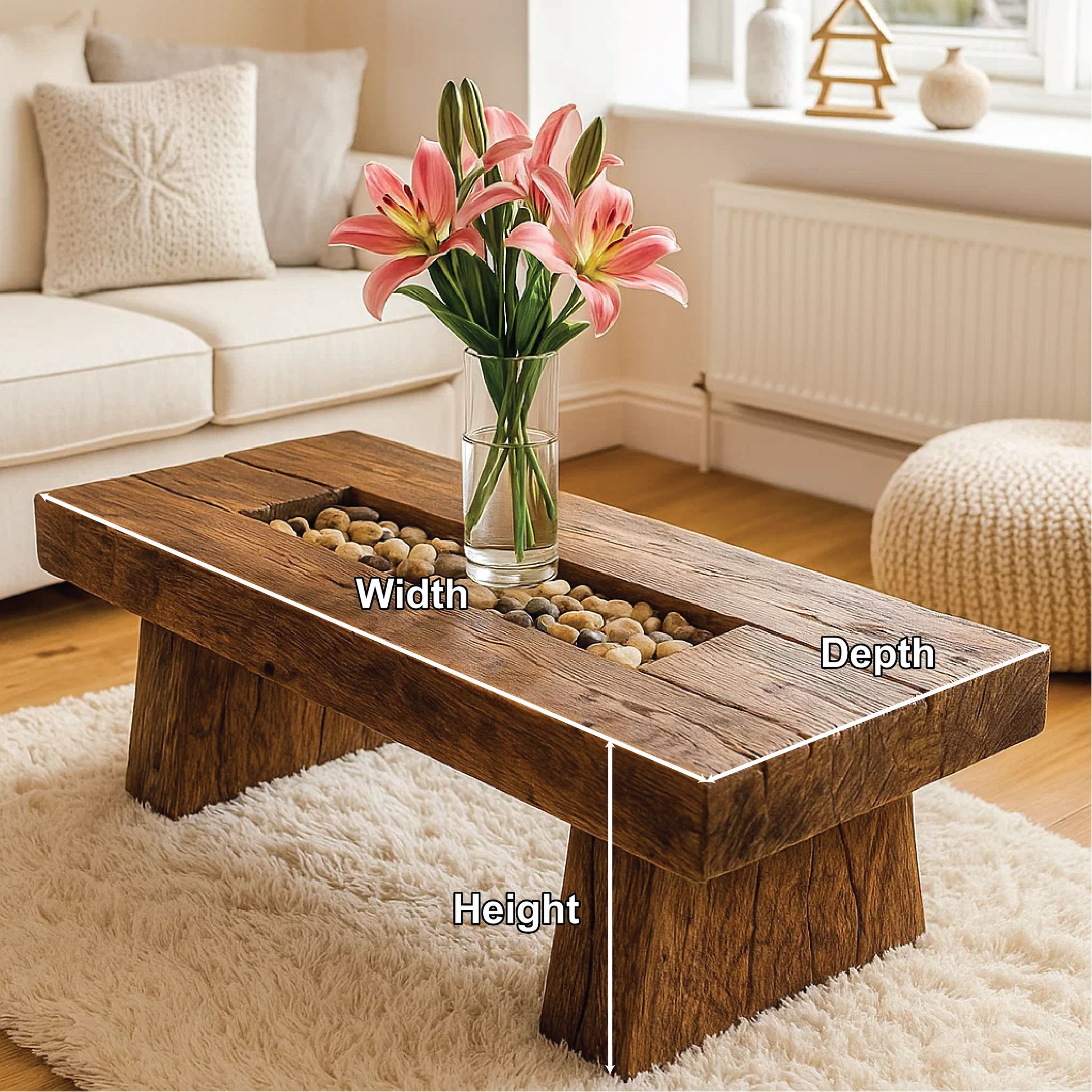 Handcrafted Solid Wood Coffee Table with Rustic Live Edge Design and Natural Stone Centerpiece Lynnsnail
