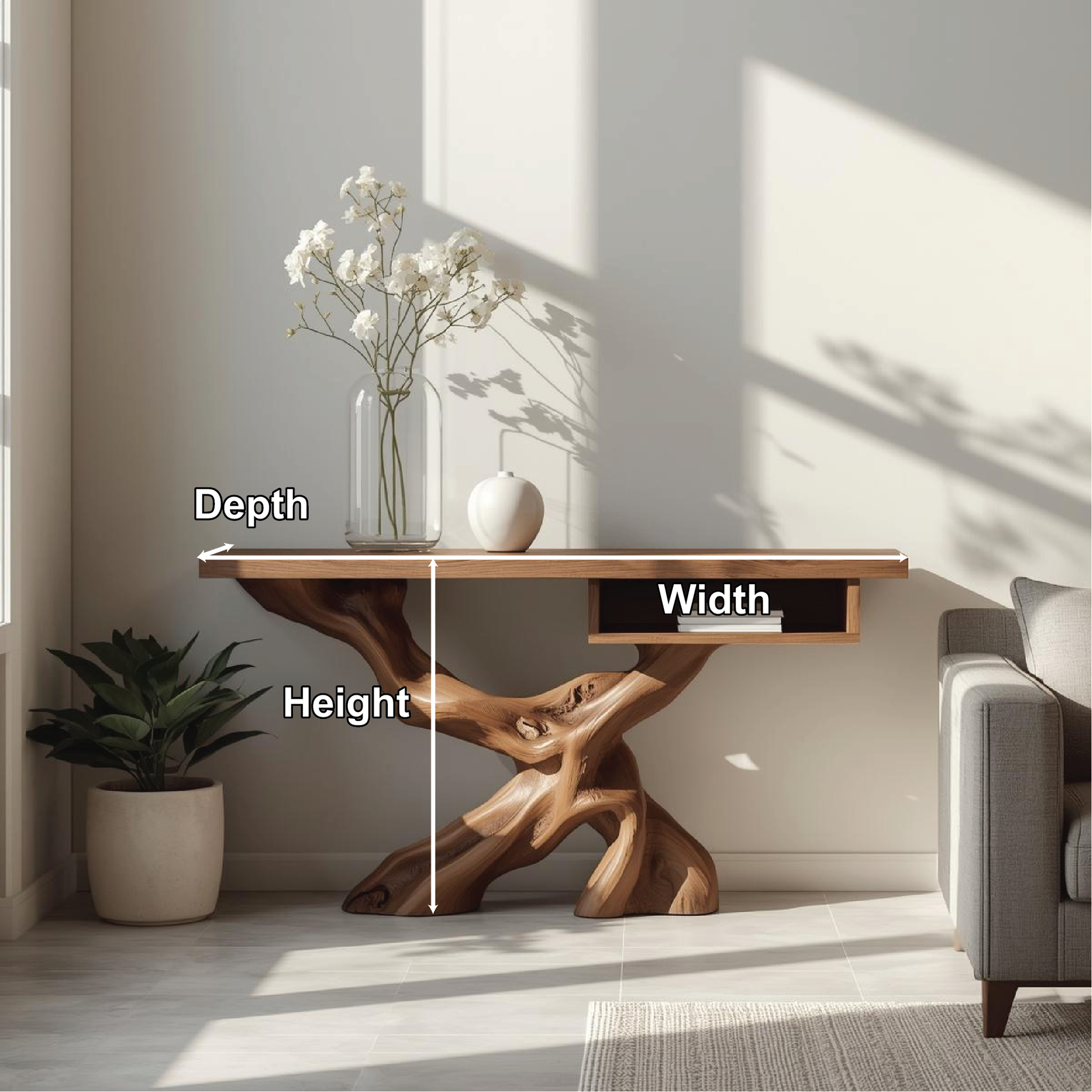Handcrafted Solid Wood Console Table with Organic Tree-Root Base and Floating Shelf Design Lynnsnail