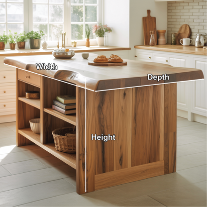 Handcrafted Solid Wood Kitchen Island with Live-Edge Top and Open Storage Shelves Lynnsnail