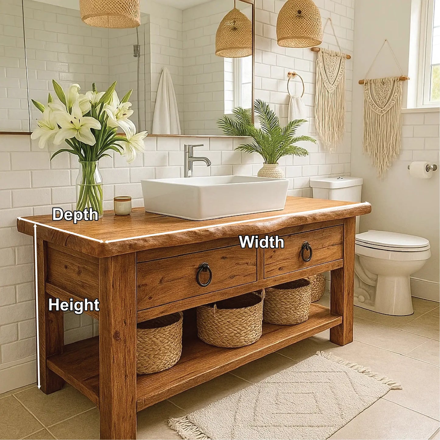 Handcrafted Solid Wood Bathroom Vanity with Drawers and Open Shelf in Natural Rustic Finish Lynnsnail