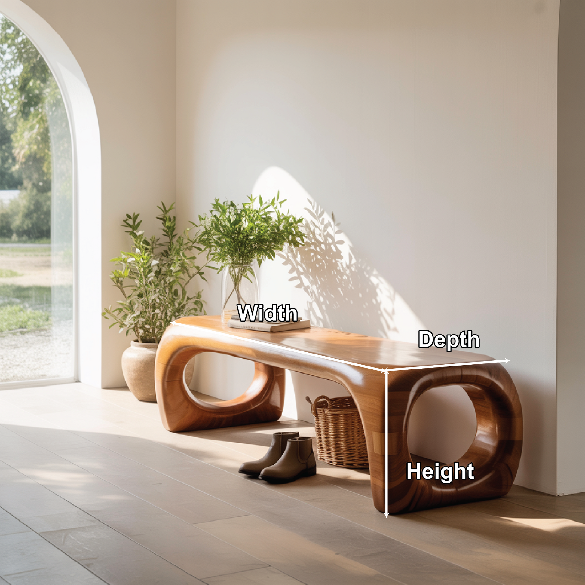 Handcrafted Solid Wood Entryway Bench with Modern Sculpted Organic Frame and Polished Finish Lynnsnail